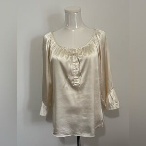 AK ANNE KLEIN, Satiny Cream Peasant-Style Blouse with Tie Neck, Size 8